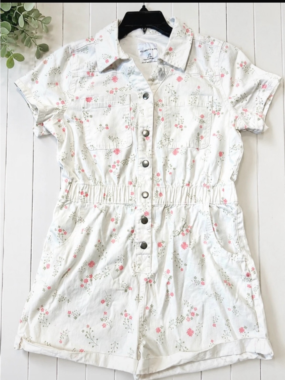 Celebrity Pink Girls L 11-13 Floral Denim Utility Romper Button Front Cotton